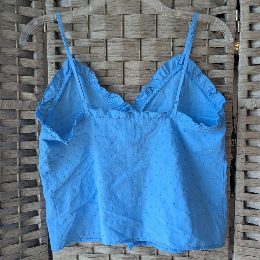 Dainty Cotton Cami Top Cornflower Blue Swiss Dot Ruffle Tie Fly Away Front Sz S - Picture 3 of 7